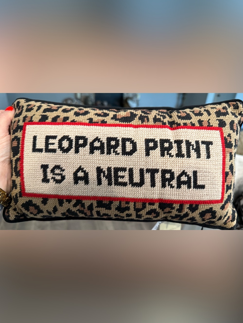 Leopard Accent Needlepoint Pillow with Neutral Text